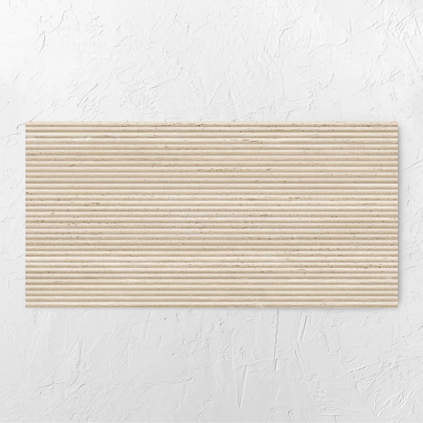 Tallow Bamboo Feature Travertine Look Beige 600x1200mm tile laid flat on a white rendered wall, showing the beige textured surface