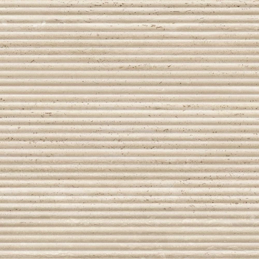 Tallow Bamboo Feature Travertine Look Beige 600x1200mm tile face laid flat, showing the fluted travertine-look surface in detail