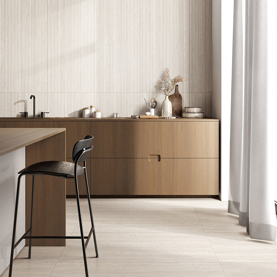 Tallow Bamboo Feature Travertine Look Ivory 600x1200mm fluted tiles as a kitchen splashback