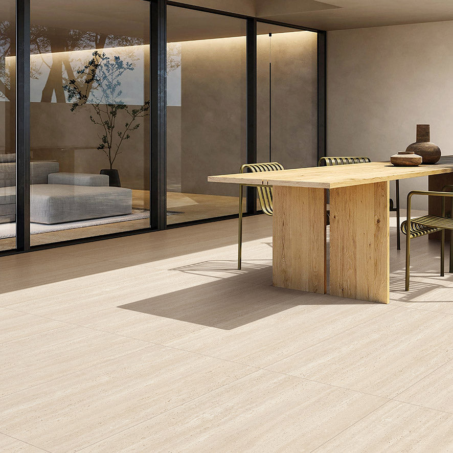 Tallow Vein Cut Travertine Look Beige travertine look tiles on an alfresco dining area floor