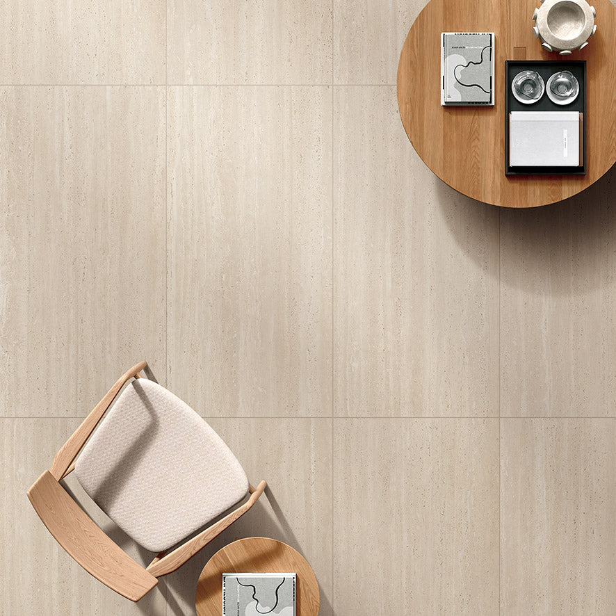 Tallow Vein Cut Travertine Look Beige travertine look tiles in a living room, overhead view
