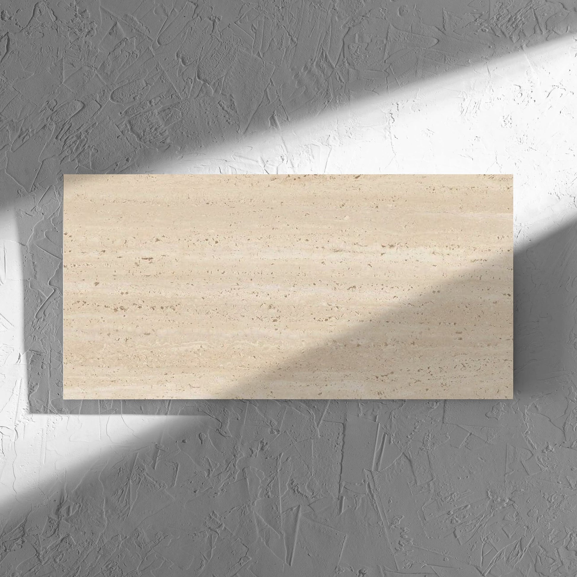 Tallow Vein Cut Travertine Look Beige 300x600mm tile in soft natural window light, showing the tile surface
