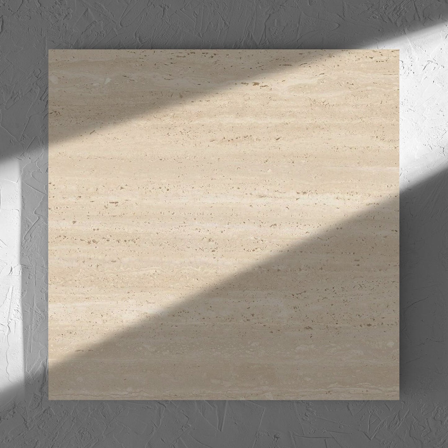 Tallow Vein Cut Travertine Look Beige 600x600mm tile in soft natural window light, showing the beige matt surface