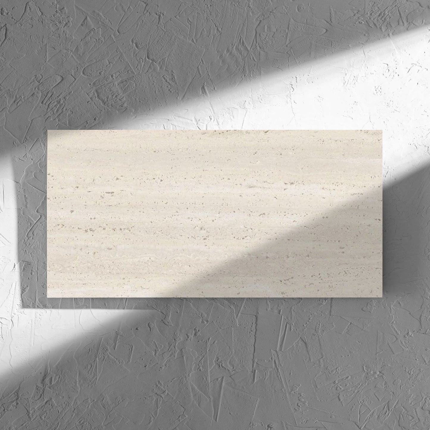Tallow Vein Cut Travertine Look Ivory 300x600mm tile in soft natural window light, showing the tile surface