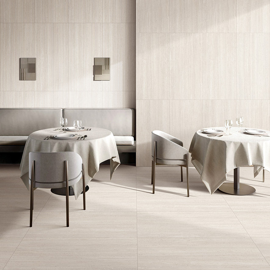 Tallow Vein Cut Travertine Look Ivory 600x1200mm tiles on dining room walls and floor