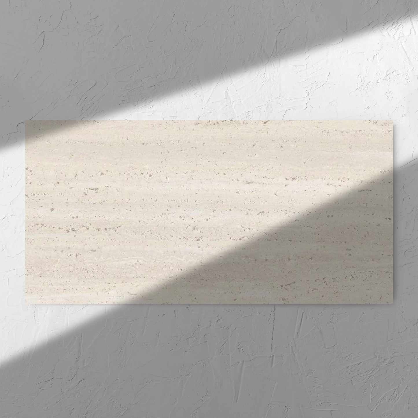 Tallow Vein Cut Travertine Look Ivory 600x1200mm tile in soft natural window light, showing the beige matt surface