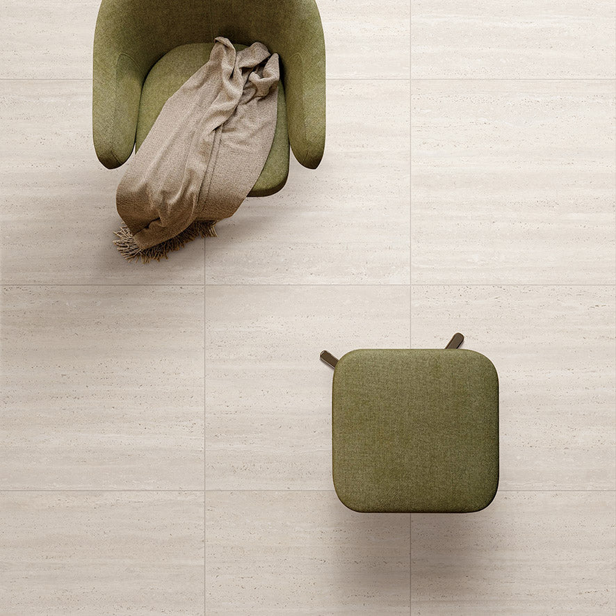 Tallow Vein Cut Travertine Look Ivory 600x600mm tile floor in a living room, overhead view