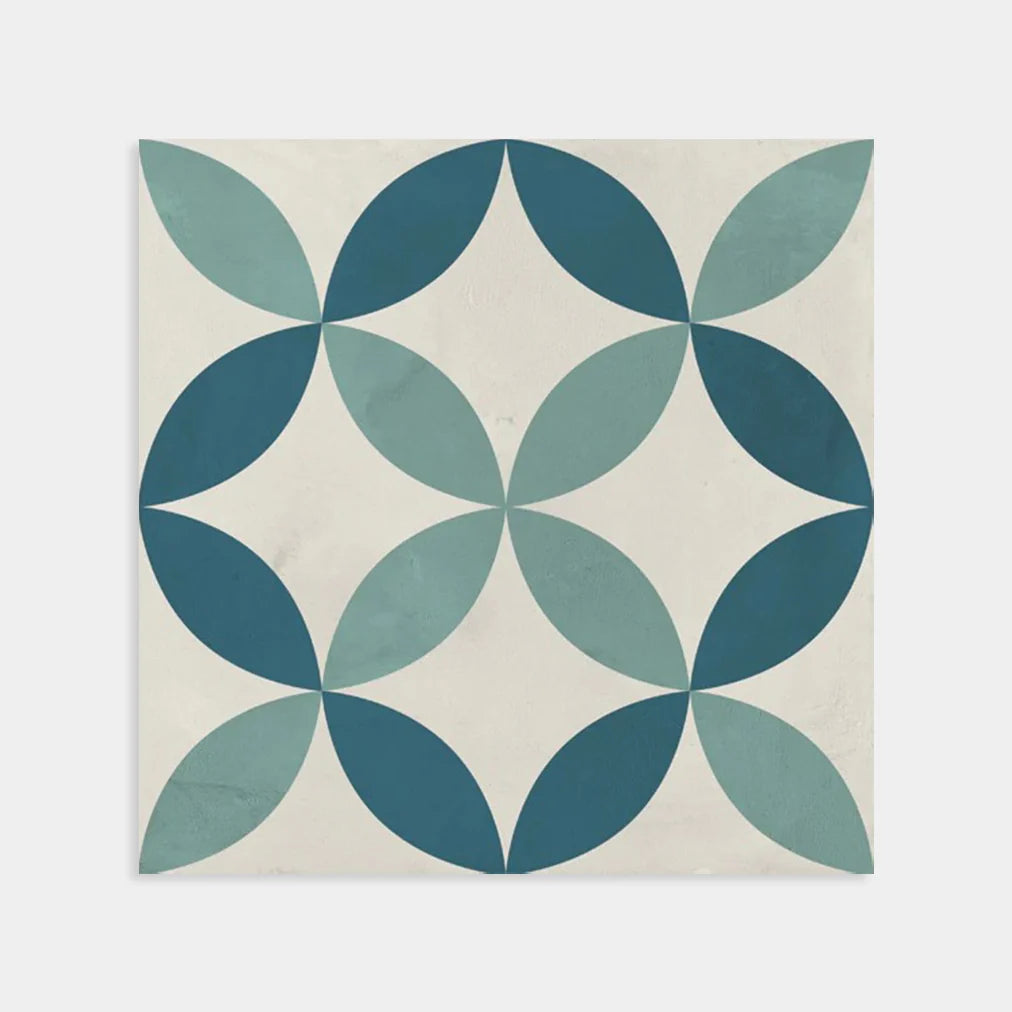 Pack shot of Terra Art Astro Oceano & Cielo 200x200mm encaustic-style tile featuring overlapping circle geometric pattern in teal and sage green on a cream background.