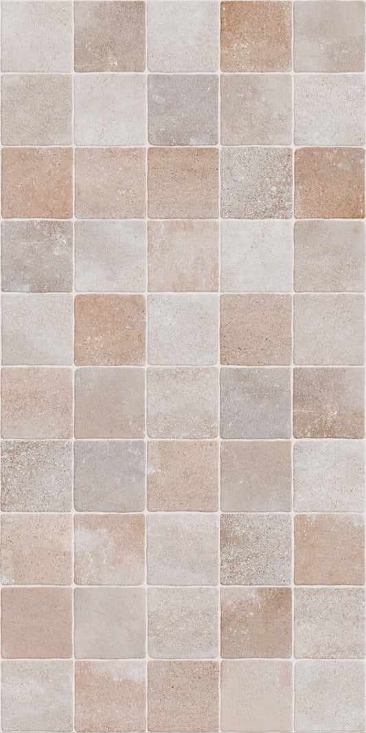 Terracotta Muralla Roja 153x153mm square mosaic tiles in a mixed blend of warm beige, sandy tan, and soft grey tumbled stone finishes.