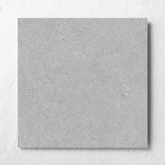 Terramix Silver Lappato 600x600mm tile laid flat on a white rendered wall, showing the matt surface