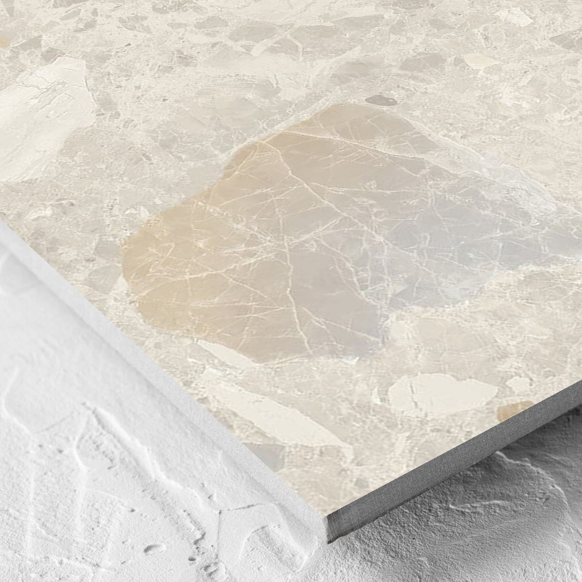 Corner close-up of the Terrazzo Rock Beige Matt 600x600mm tile showing the tile surface and the edge profile