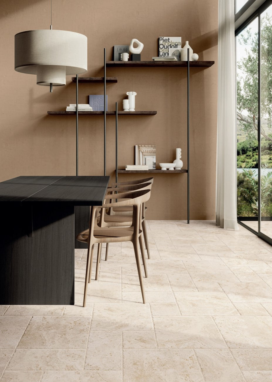 Tibur Beige Safe Modulo French Pattern 400x600mm floor tiles in a modern dining room with dark table, wooden chairs, and wall-mounted shelving.