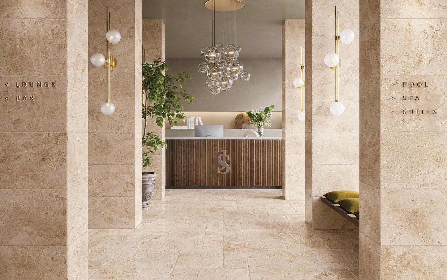 Tibur Beige Safe Modulo French Pattern 400x600mm tiles covering the floor and columns of a luxury hotel lobby with a timber reception desk and bubble pendant chandelier.