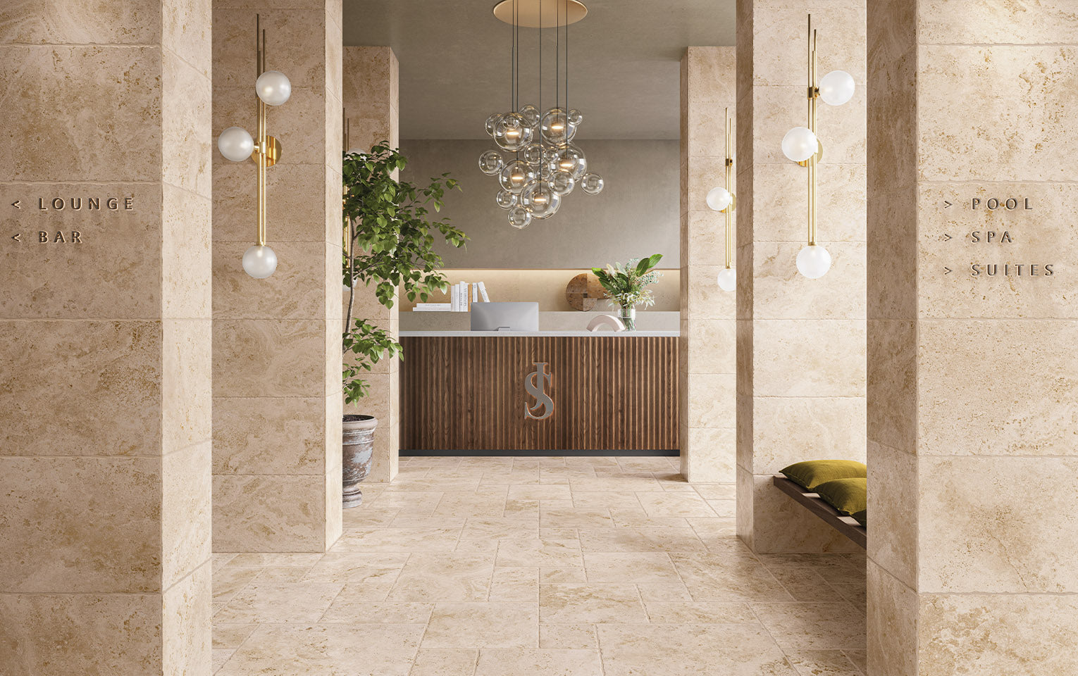Tibur Beige Safe Modulo French Pattern 400x600mm tiles covering the floor and columns of a luxury hotel lobby with a timber reception desk and bubble pendant chandelier.