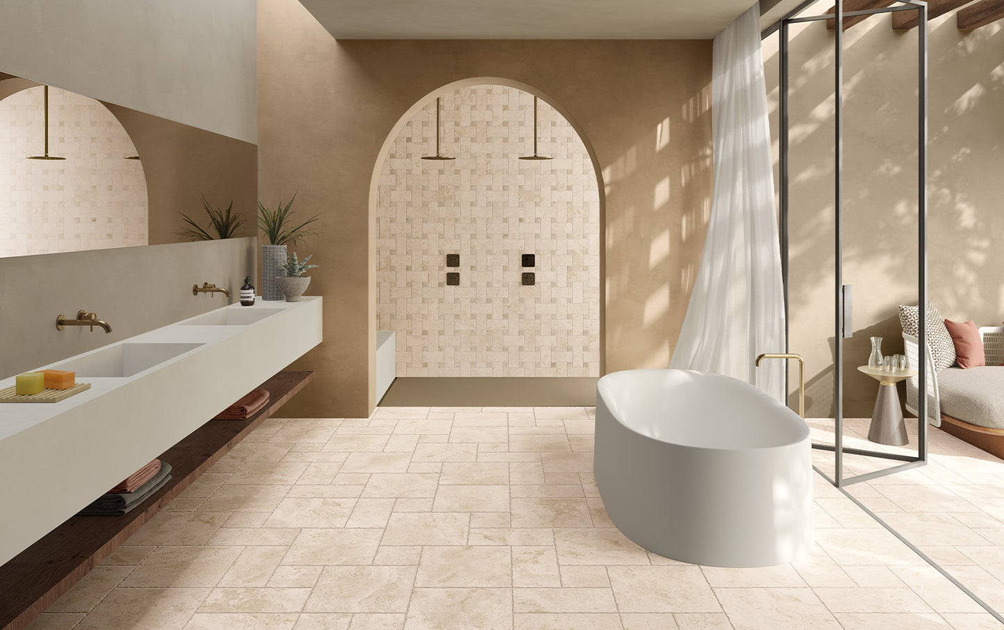 Tibur Beige Safe Modulo French Pattern 400x600mm tiles covering a luxurious bathroom floor and mosaic shower wall, styled with a freestanding white bath and double vanity.