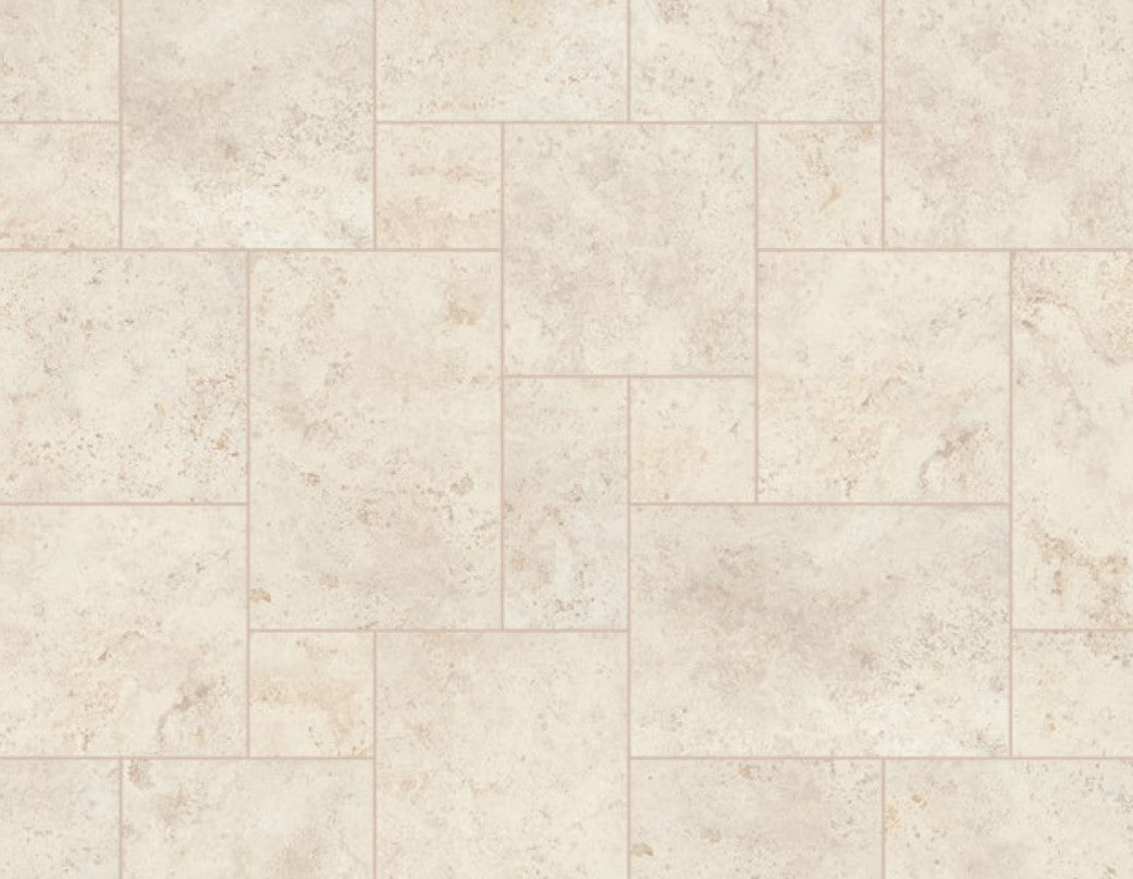Tibur Bianco Safe Modulo French Pattern 400x600mm tiles displayed in a mixed-size layout with a cream stone-effect finish and subtle warm veining.