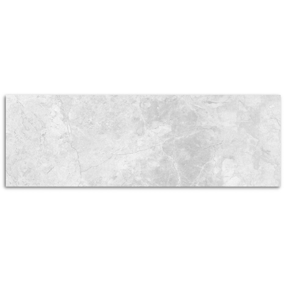 A single Tundra White Smooth Grip 200x600mm rectangular tile displaying a pale grey marble-effect surface with subtle veining and soft cloud-like patterning.