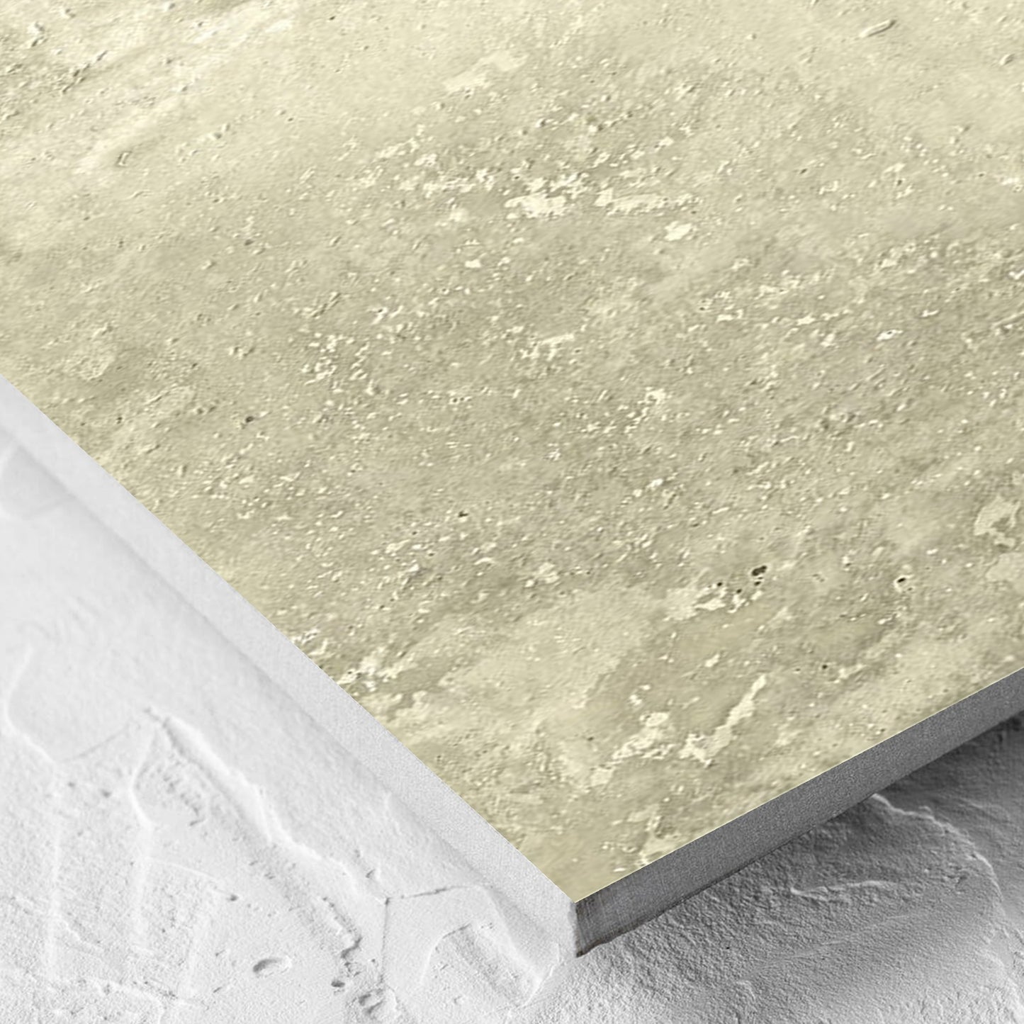 Corner close-up of the Vatican Novona Cross Cut Travertine 300x600mm tile showing the matt surface and the edge profile