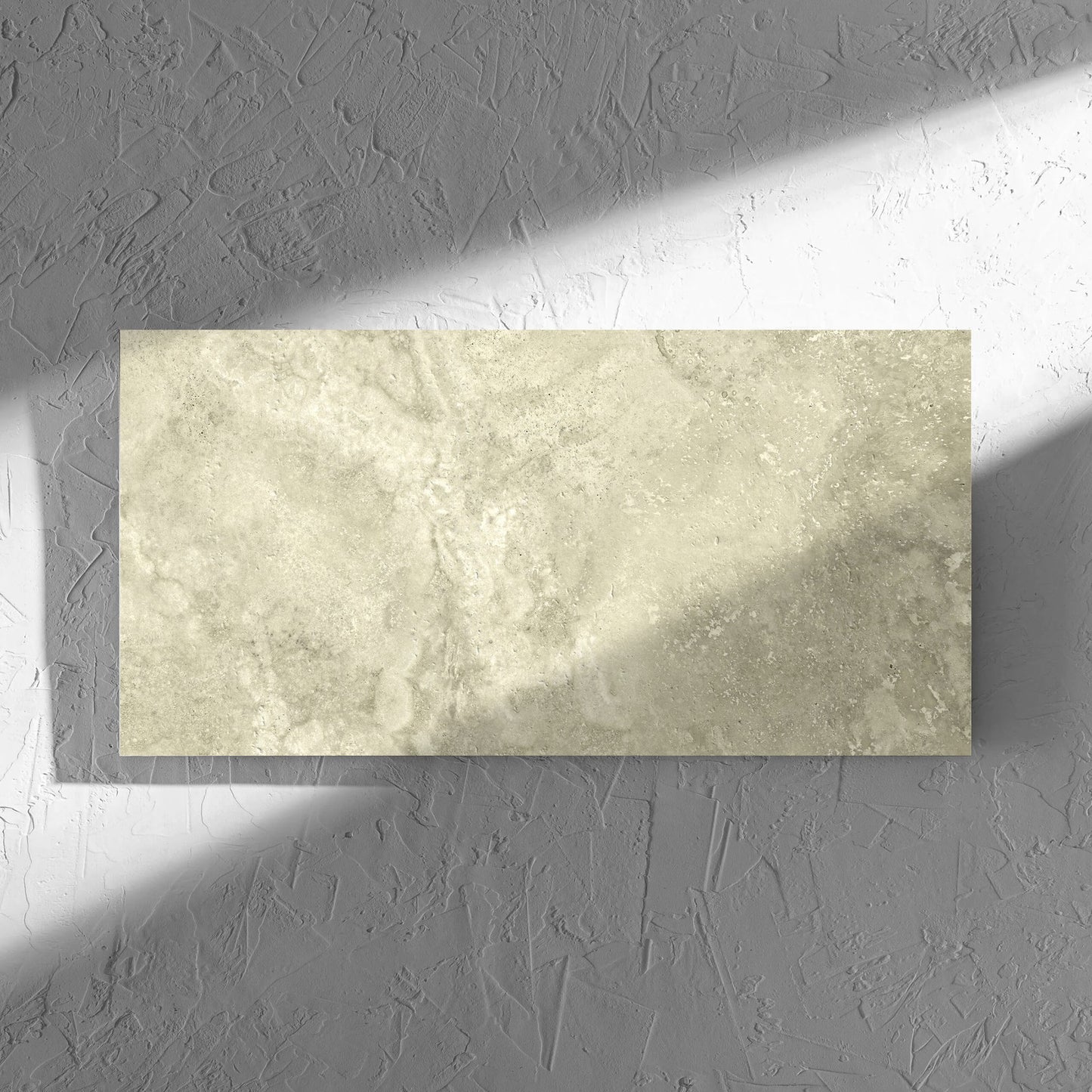 Vatican Novona Cross Cut Travertine 300x600mm tile in soft natural window light, showing the matt surface