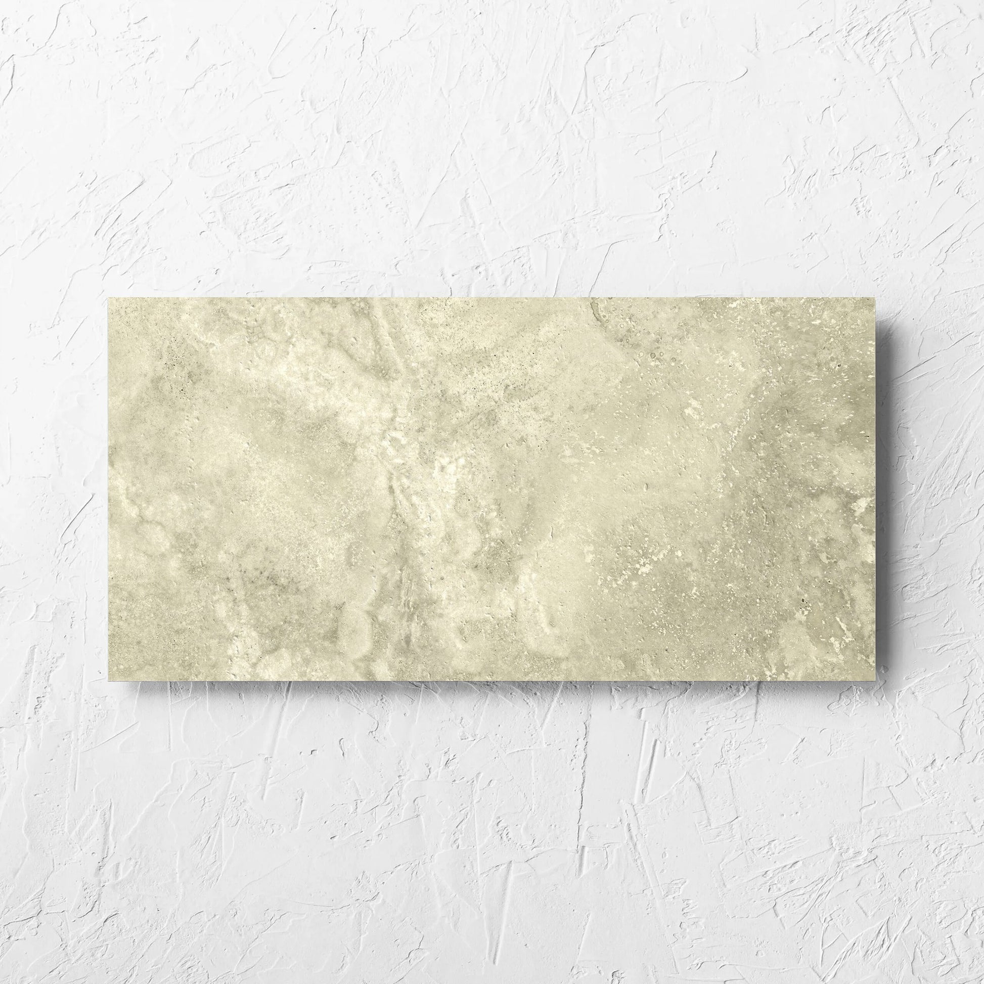 Vatican Novona Vein Cut Travertine 300x600mm tile laid flat on a white rendered wall, showing the matt surface
