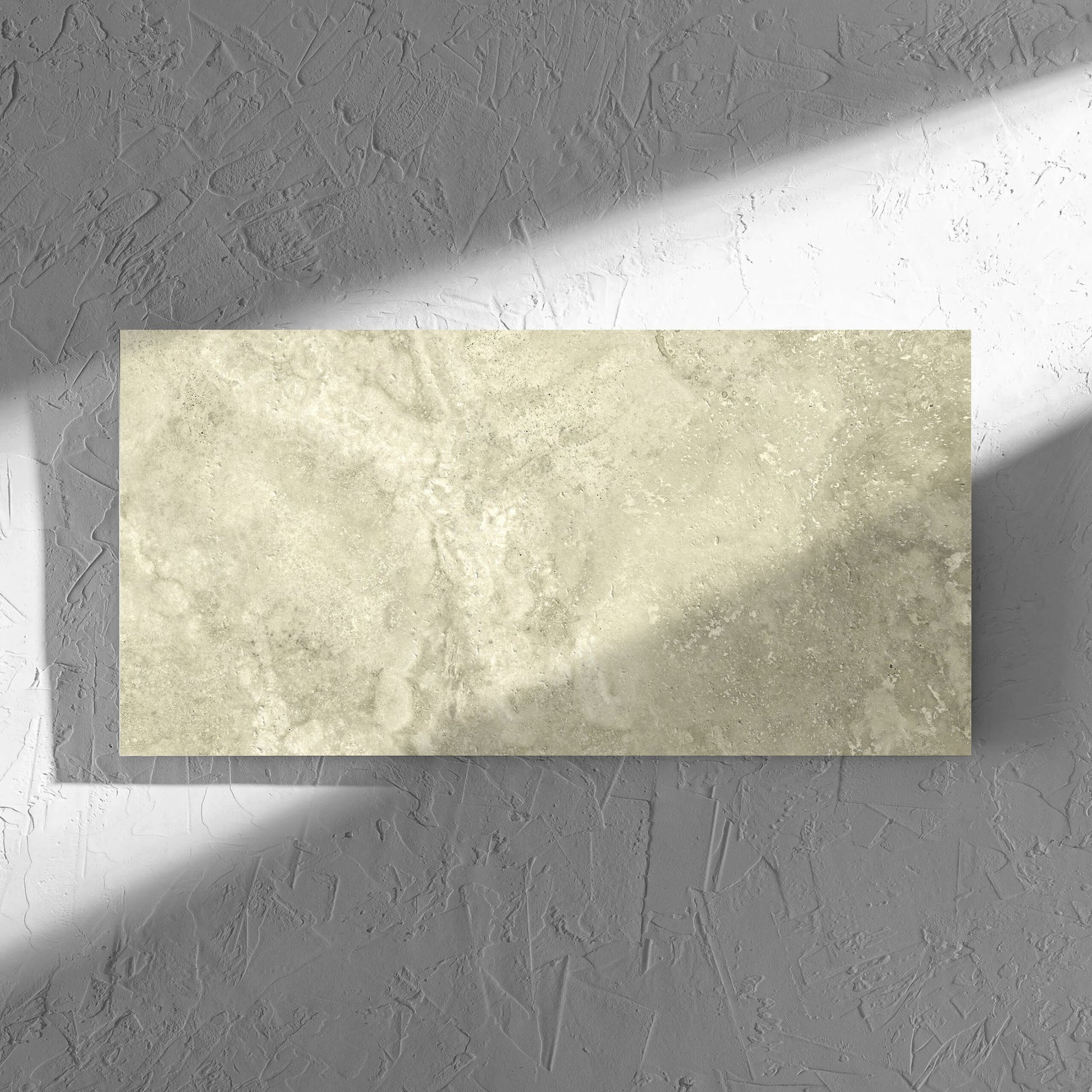 Vatican Novona Vein Cut Travertine 300x600mm tile in soft natural window light, showing the matt surface