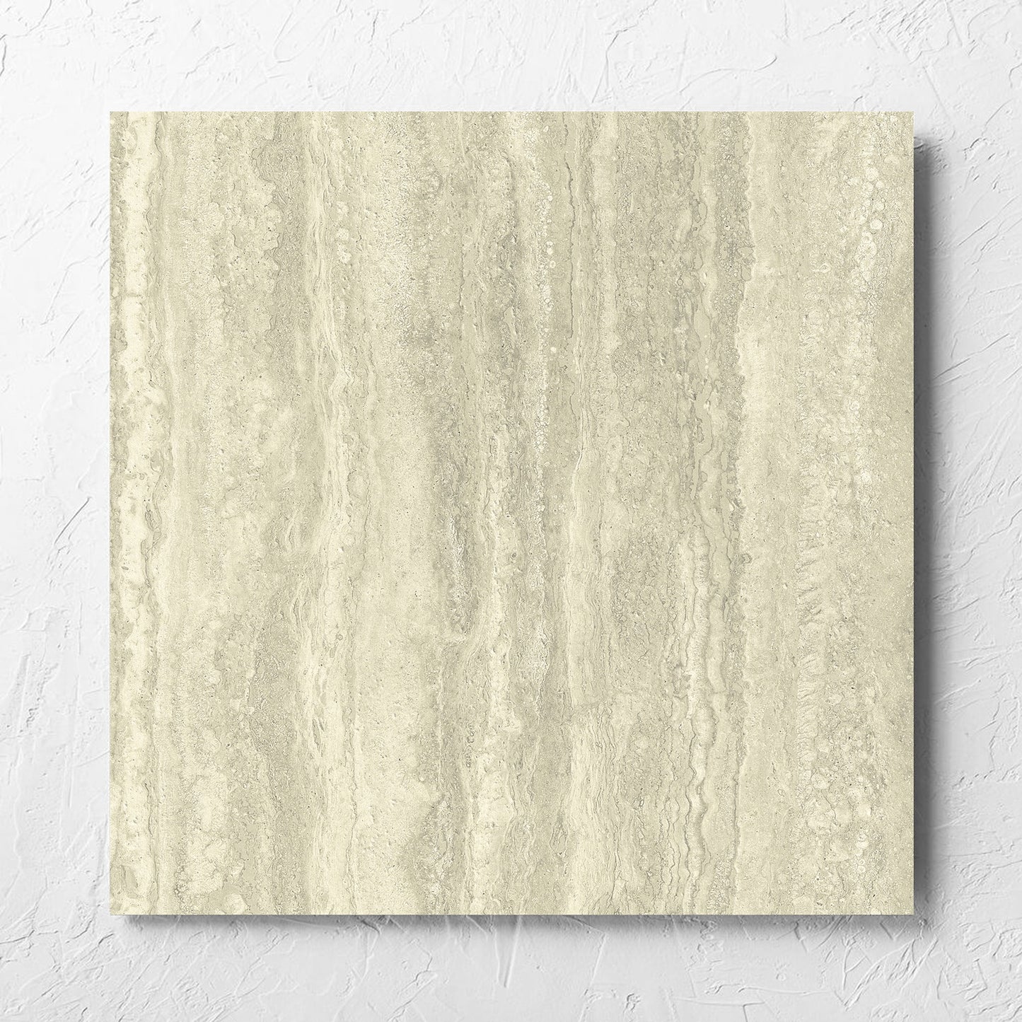 Vatican Novona Vein Cut Travertine 600x600mm tile laid flat on a white rendered wall, showing the matt surface