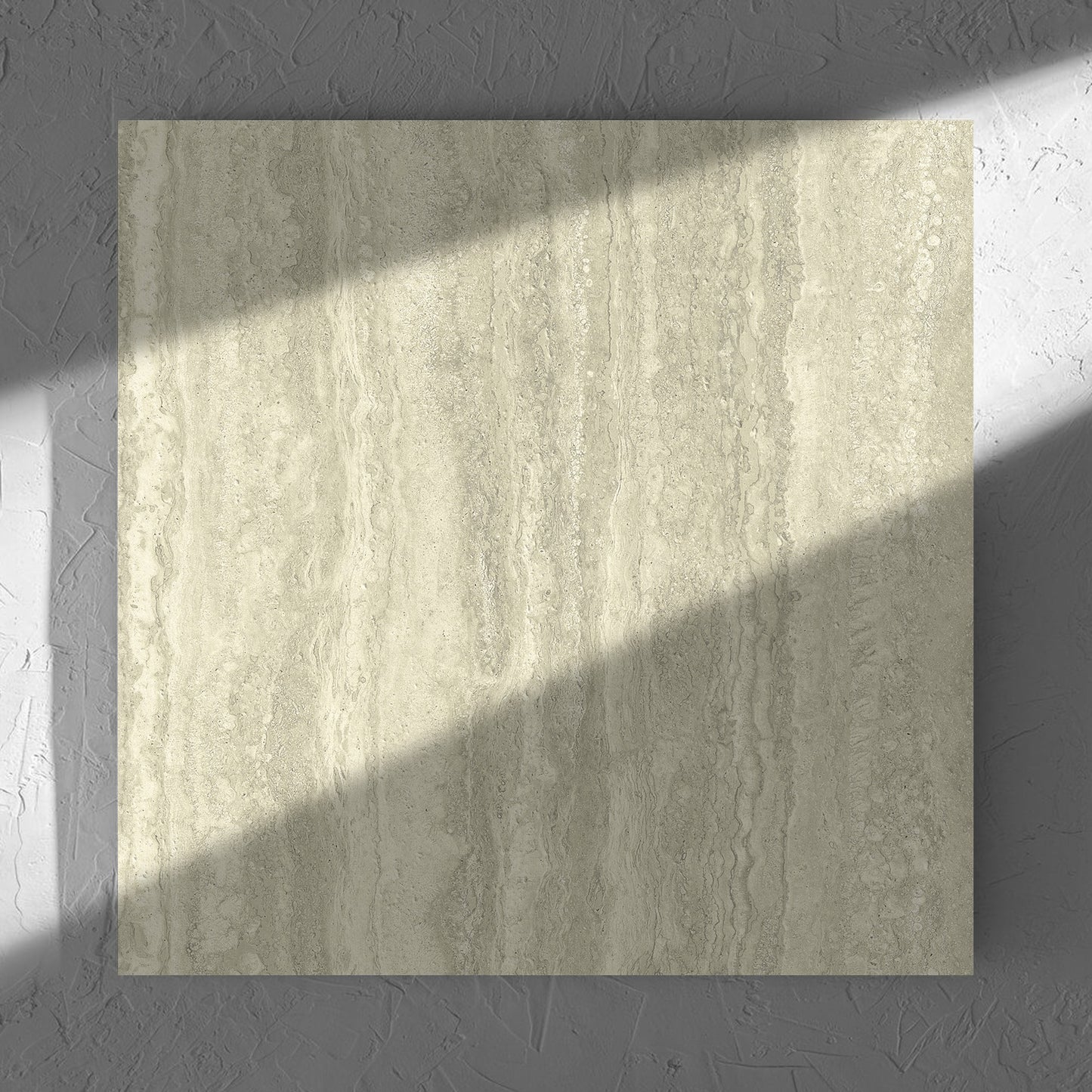 Vatican Novona Vein Cut Travertine 600x600mm tile in soft natural window light, showing the matt surface