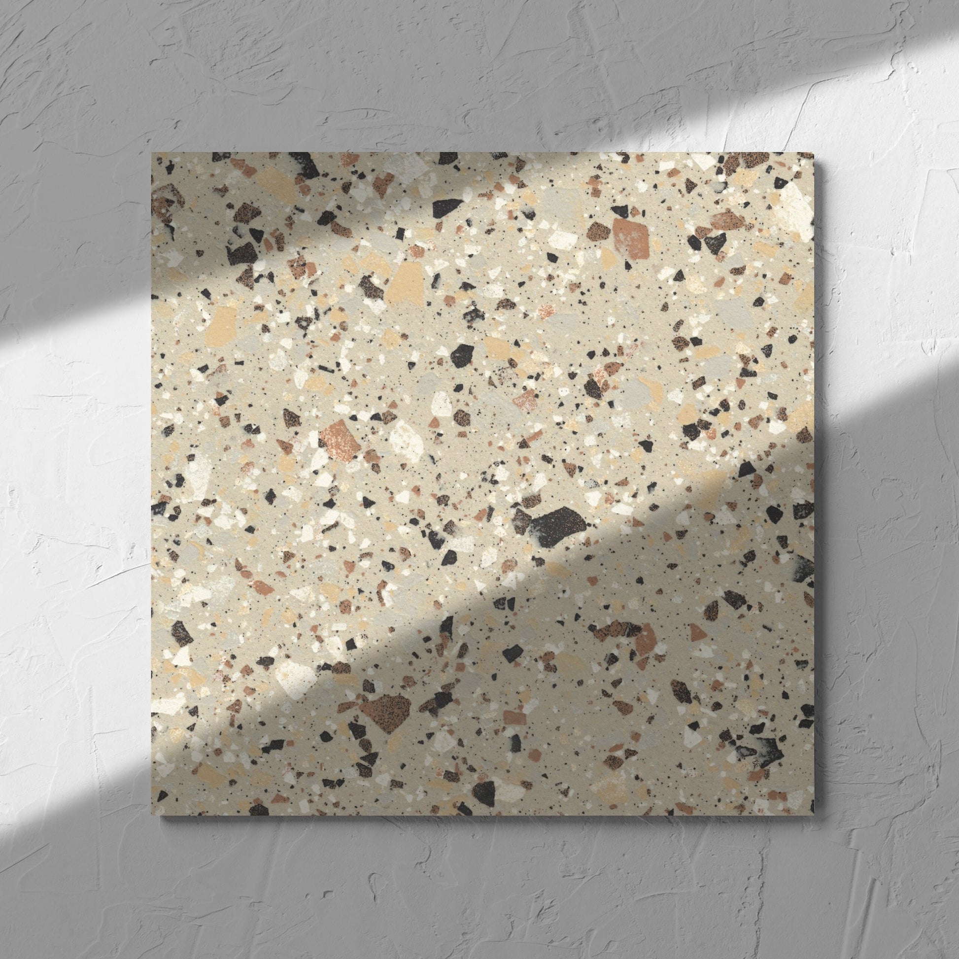 Venice Beige 300x300mm Matt Terrazzo Tile tile in soft natural window light, showing the beige matt surface