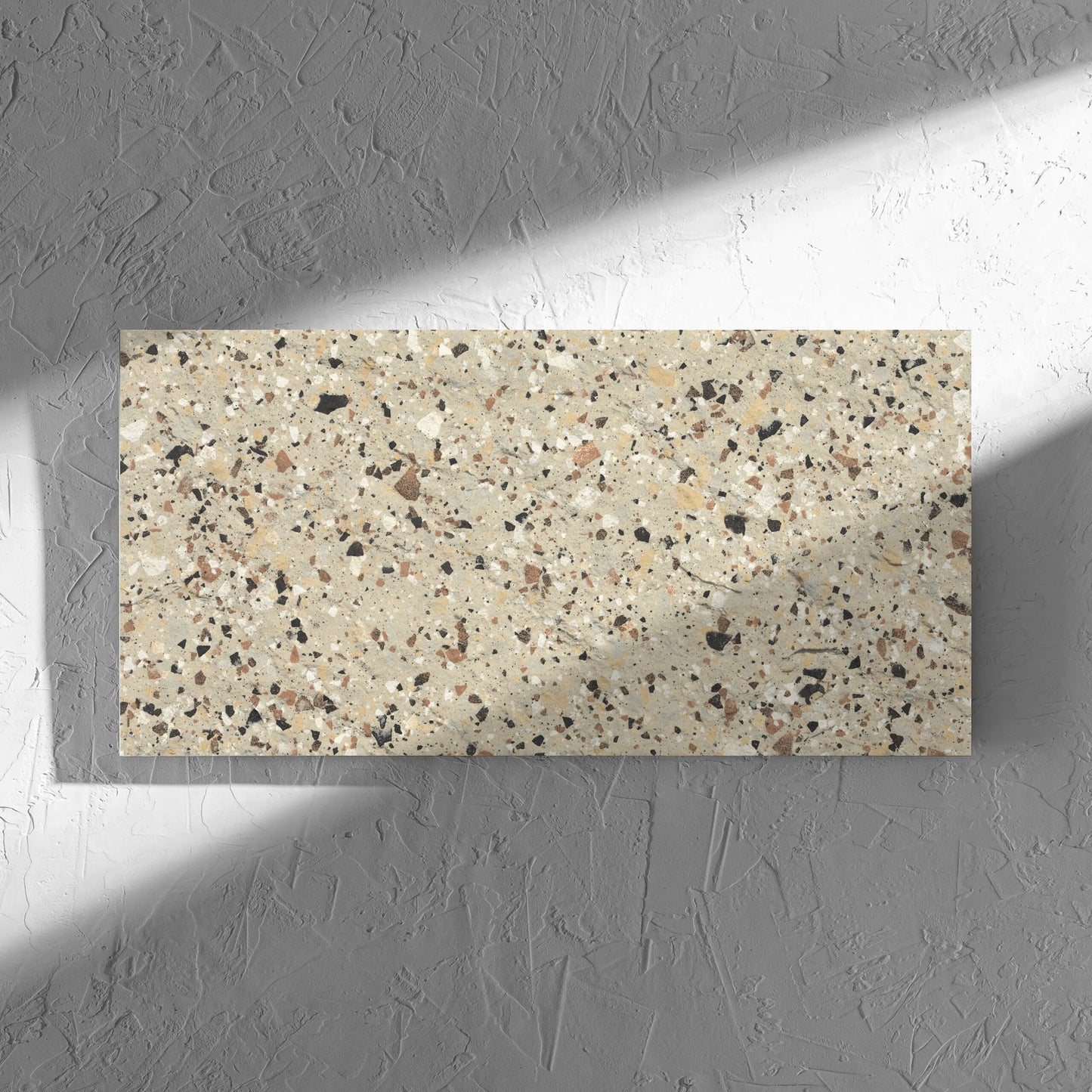 Venice Beige 300x600mm Matt Terrazzo External Tile in soft natural window light, showing the beige matt surface