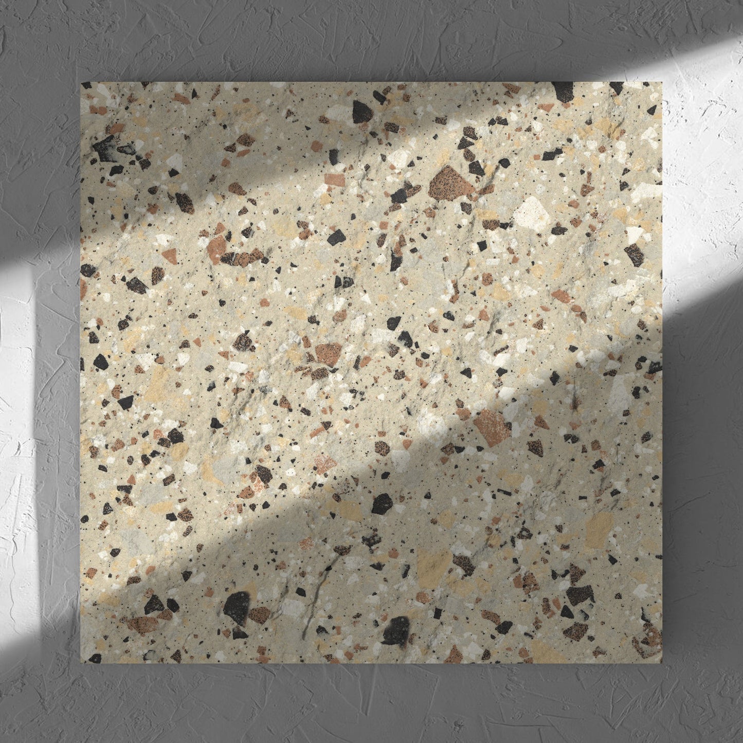 Venice Beige 600x600mm Matt Terrazzo External Tile in soft natural window light, showing the beige matt surface