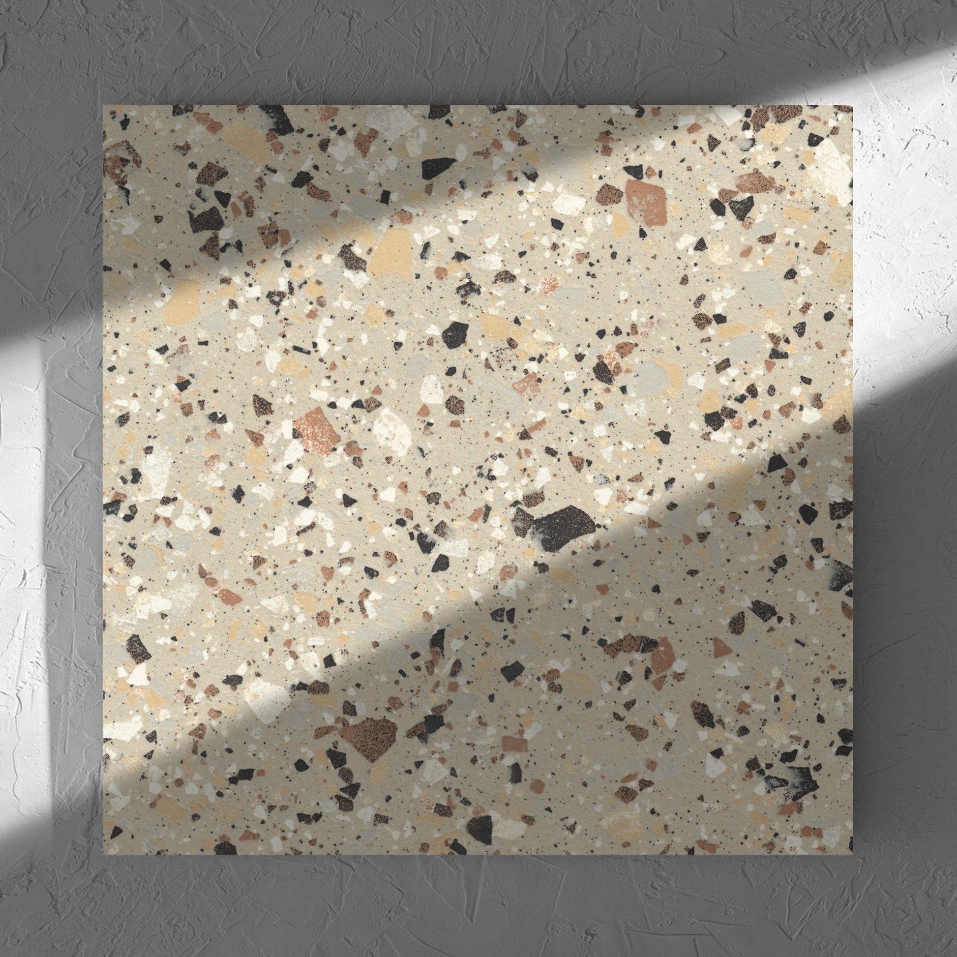 Venice Beige 600x600mm Matt Terrazzo Tile in soft natural window light, showing the beige matt surface