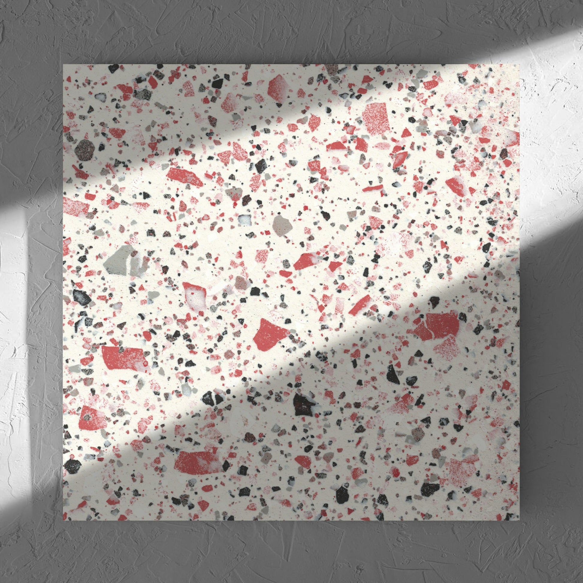 Venice Coral 600x600mm Matt Terrazzo Tile in soft natural window light, showing the coral matt surface