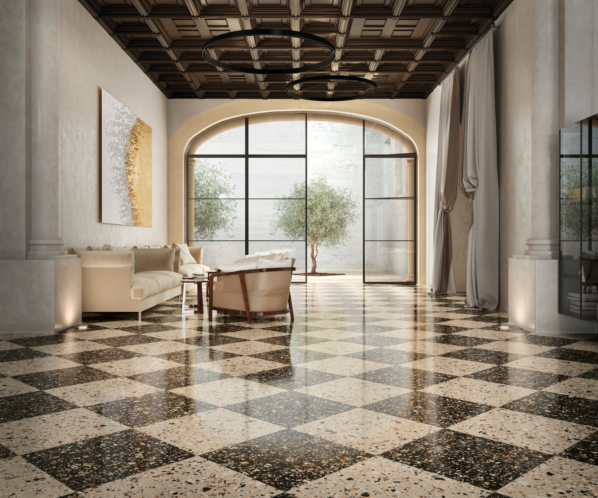 Venice Earth 300x300mm Matt Terrazzo Tile installed in a grand living room with a diamond checkerboard pattern, cream sofas, coffered ceiling, and arched floor-to-ceiling windows.