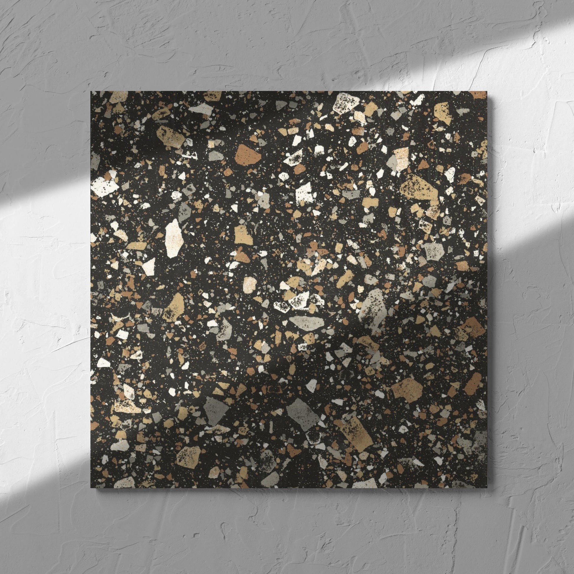 Venice Earth 300x300mm Matt Terrazzo Tile in soft natural window light, showing the earth matt surface