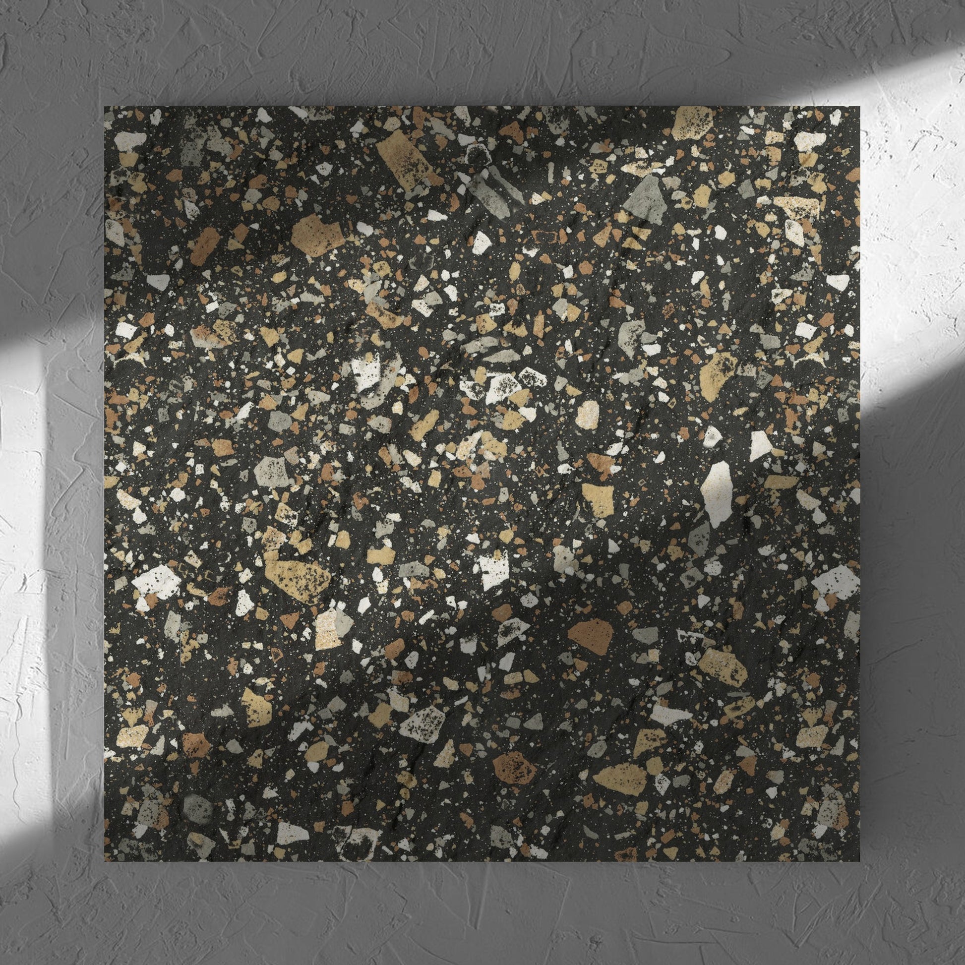 Venice Earth 600x600mm Matt Terrazzo External Tile in soft natural window light, showing the earth matt surface
