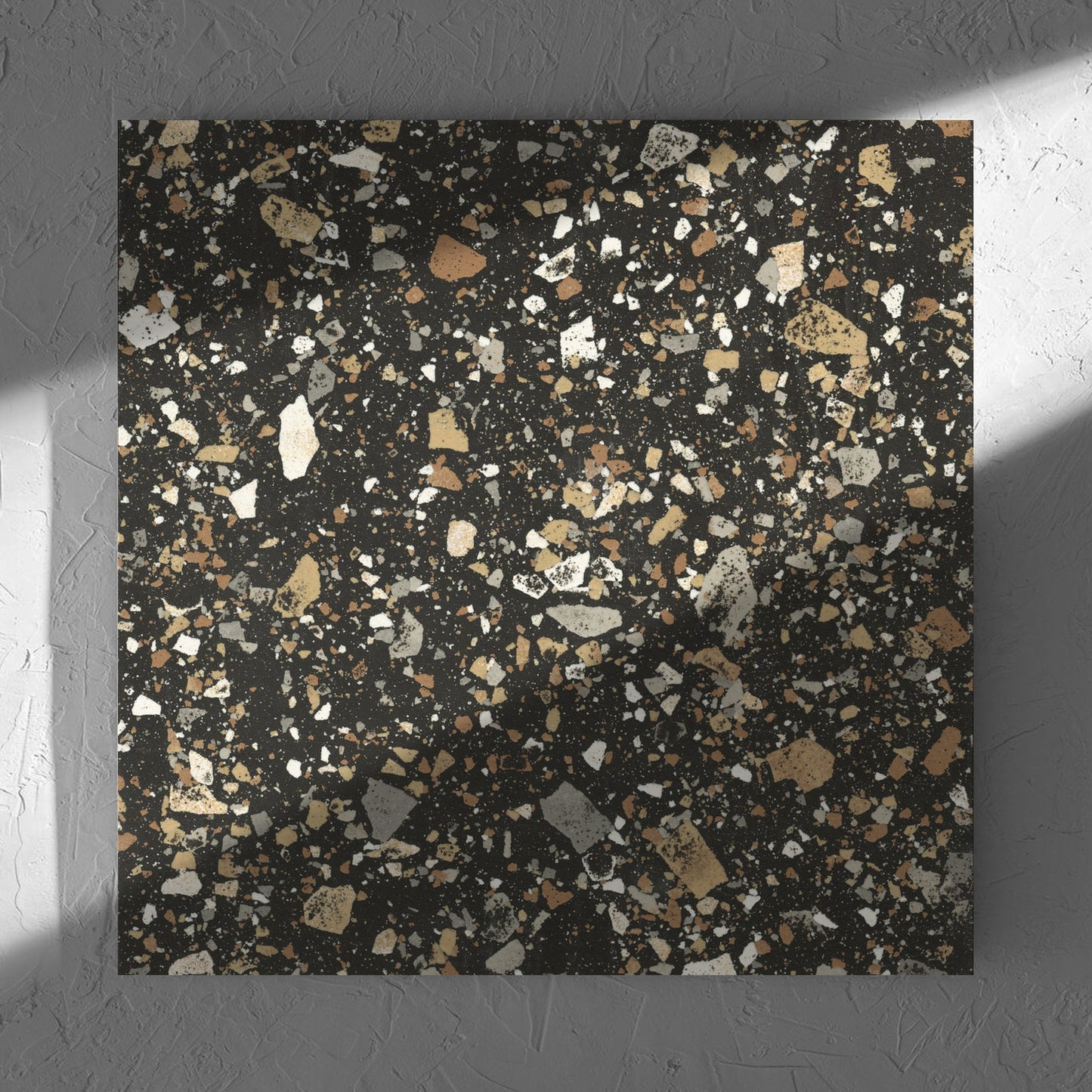 Venice Earth 600x600mm Matt Terrazzo Tile in soft natural window light, showing the earth matt surface