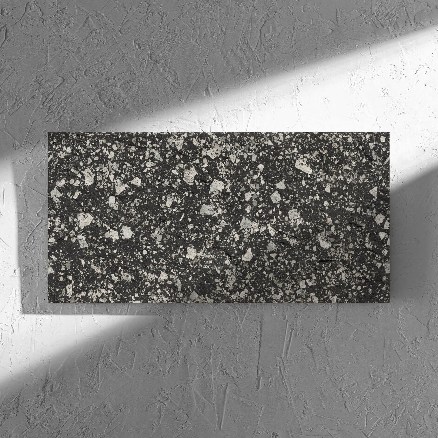 Venice Graphite 300x600mm Matt Terrazzo External Tile in soft natural window light, showing the graphite matt surface