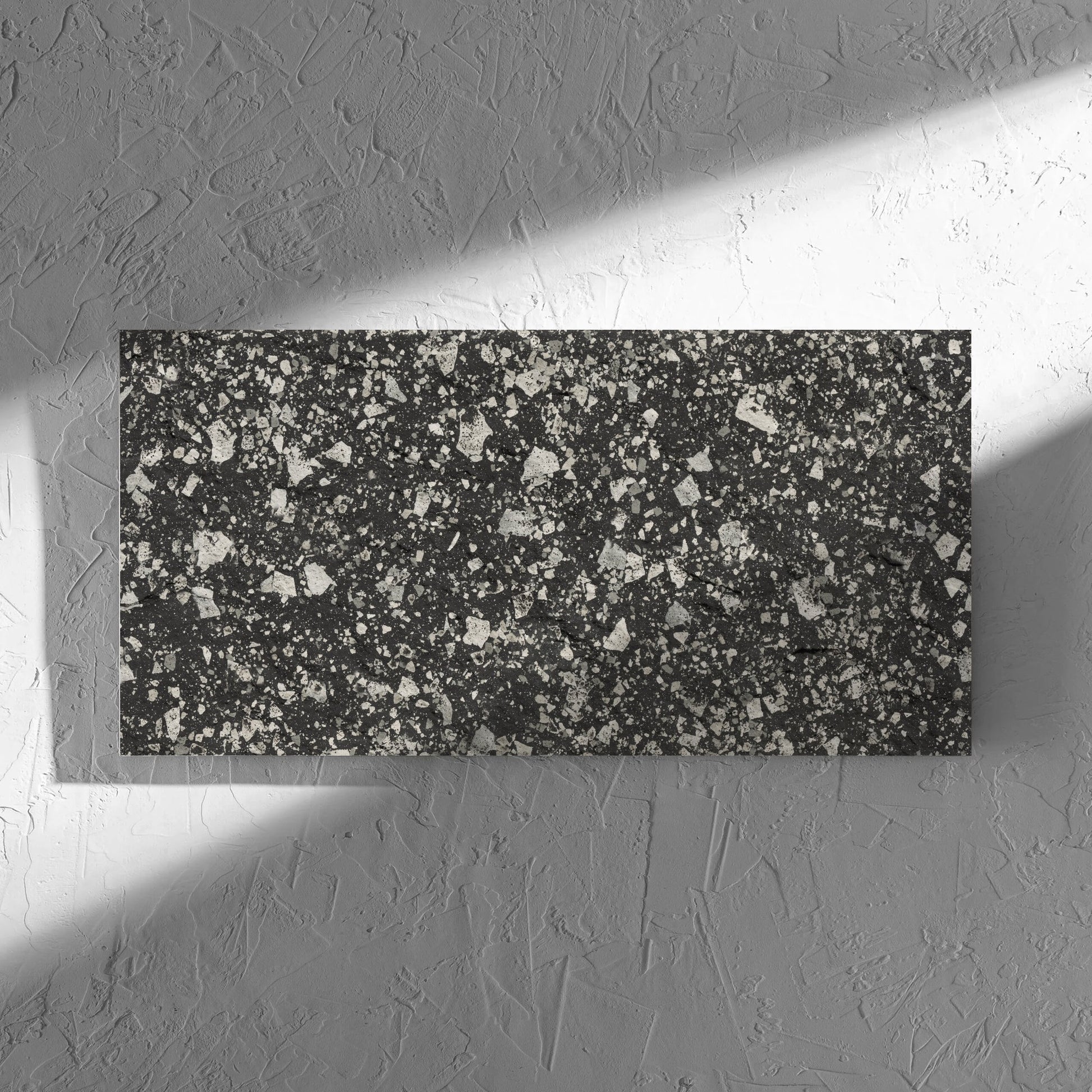 Venice Graphite 300x600mm Matt Terrazzo External Tile in soft natural window light, showing the graphite matt surface