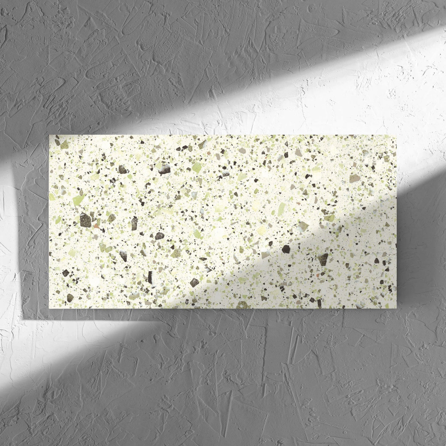 Venice Green 300x600mm Matt Terrazzo Tile in soft natural window light, showing the green matt surface