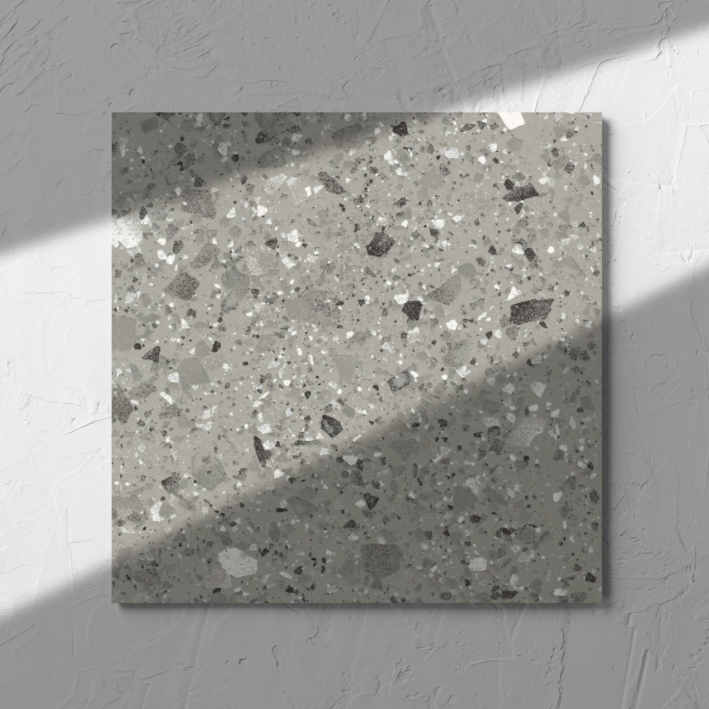 Venice Grey 300x300mm Matt Terrazzo Tile in soft natural window light, showing the grey matt surface