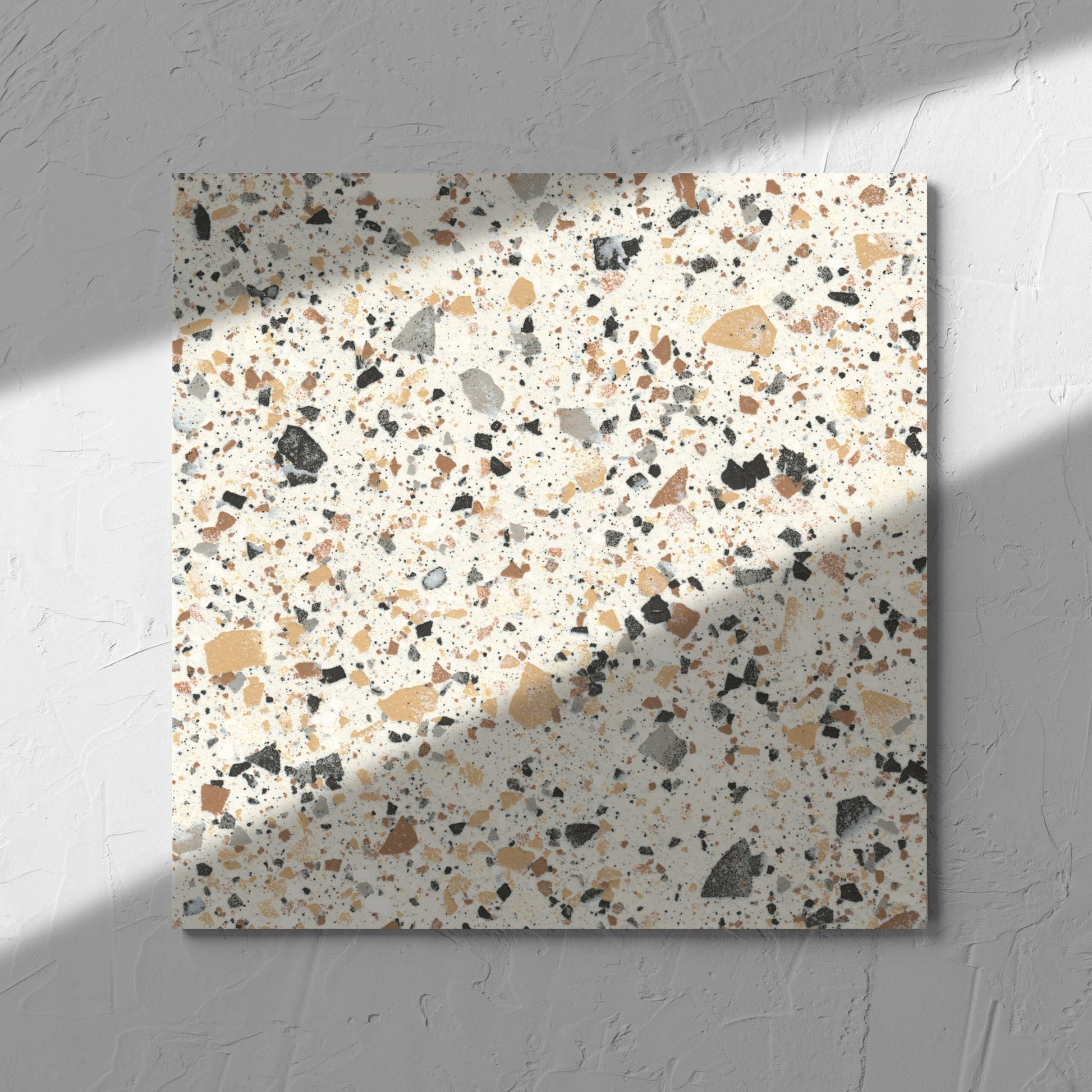 Venice Ivory 300x300mm Matt Terrazzo Tile in soft natural window light, showing the ivory matt surface