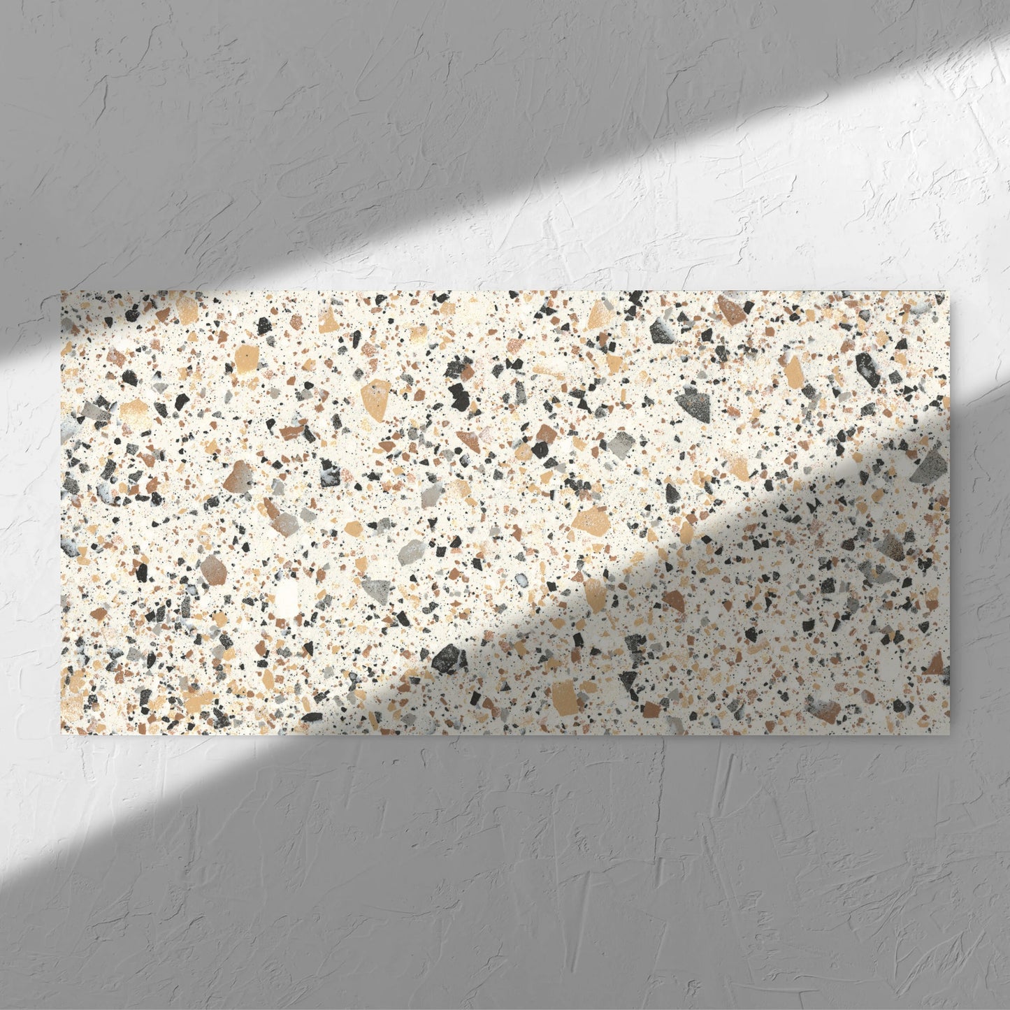 Venice Ivory 600x1200mm Matt Terrazzo Tile in soft natural window light, showing the ivory matt surface
