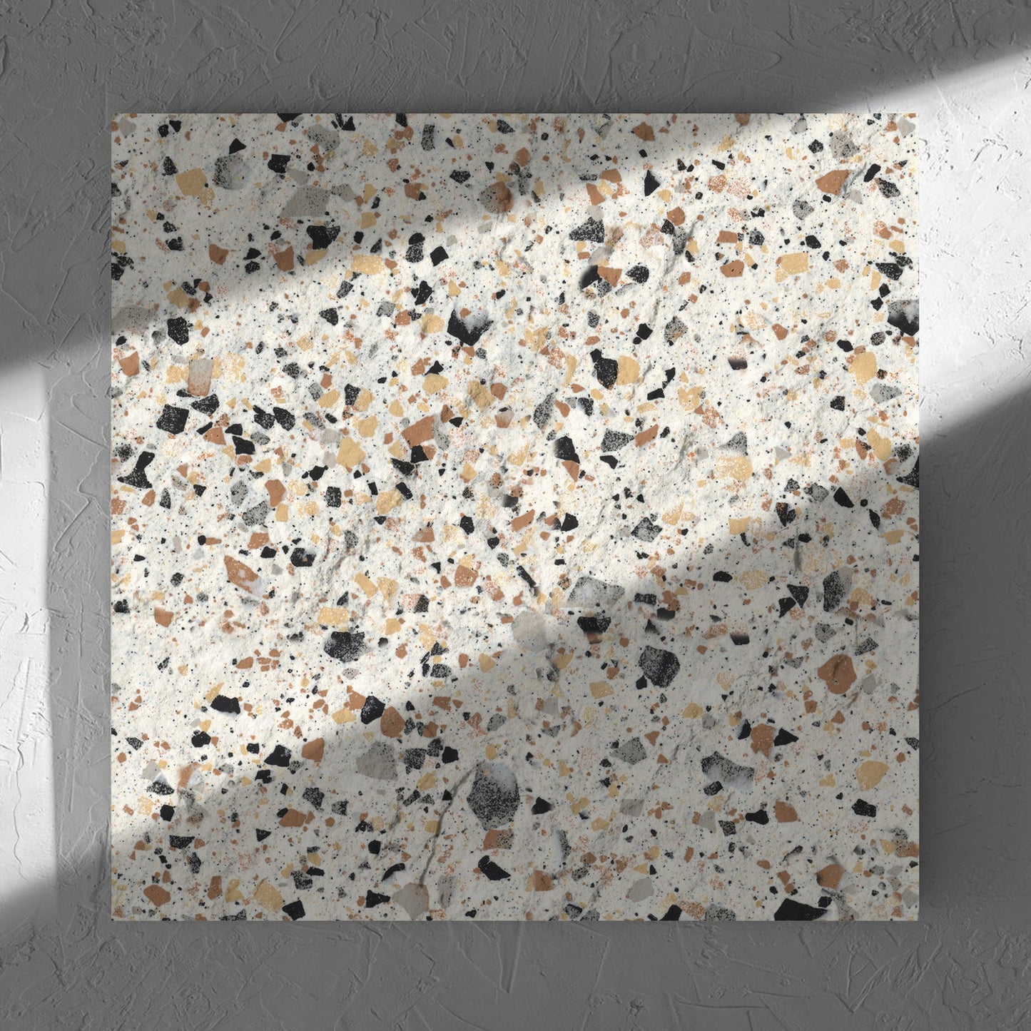 Venice Ivory 600x600mm Matt Terrazzo External Tile in soft natural window light, showing the ivory matt surface