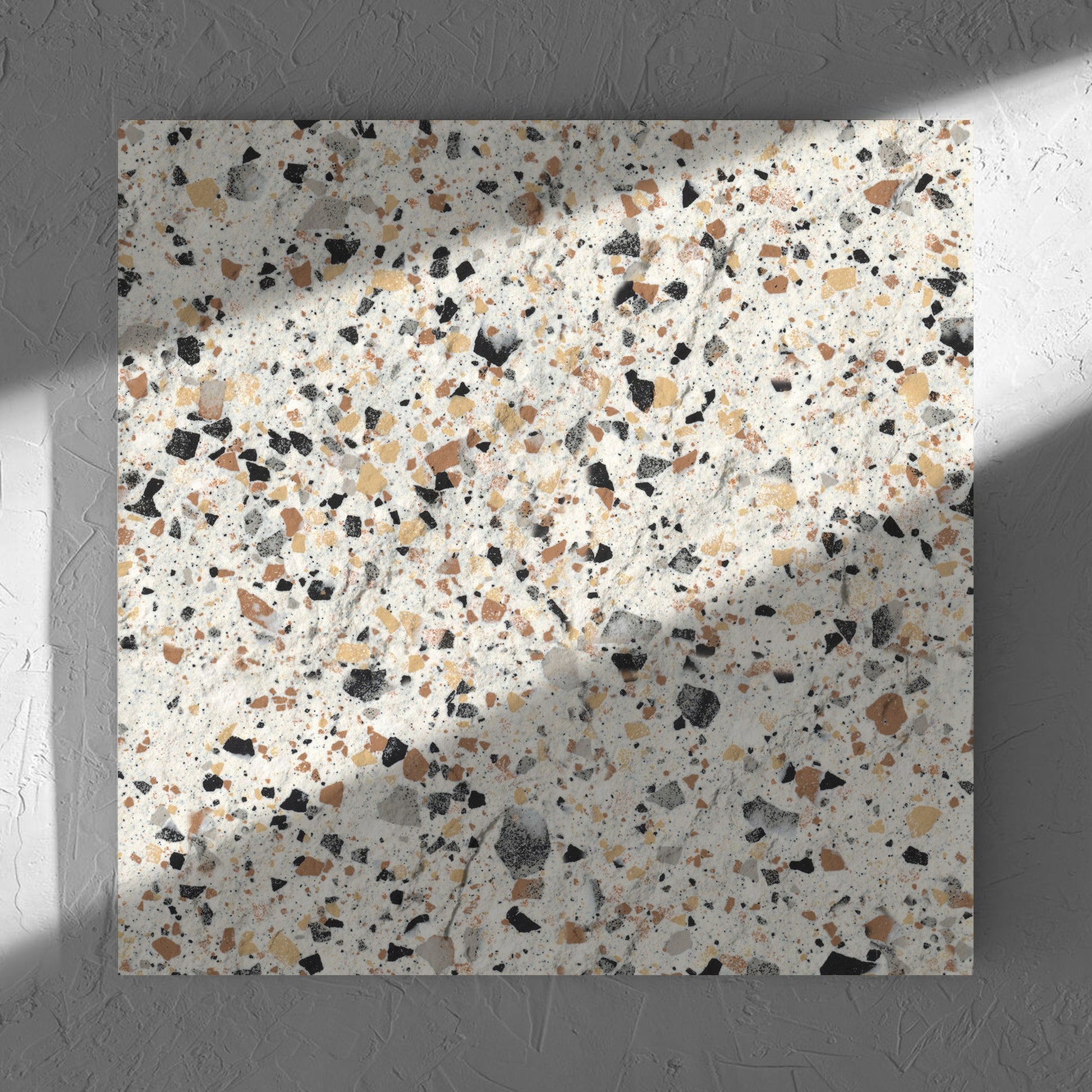Venice Ivory 600x600mm Matt Terrazzo External Tile in soft natural window light, showing the ivory matt surface