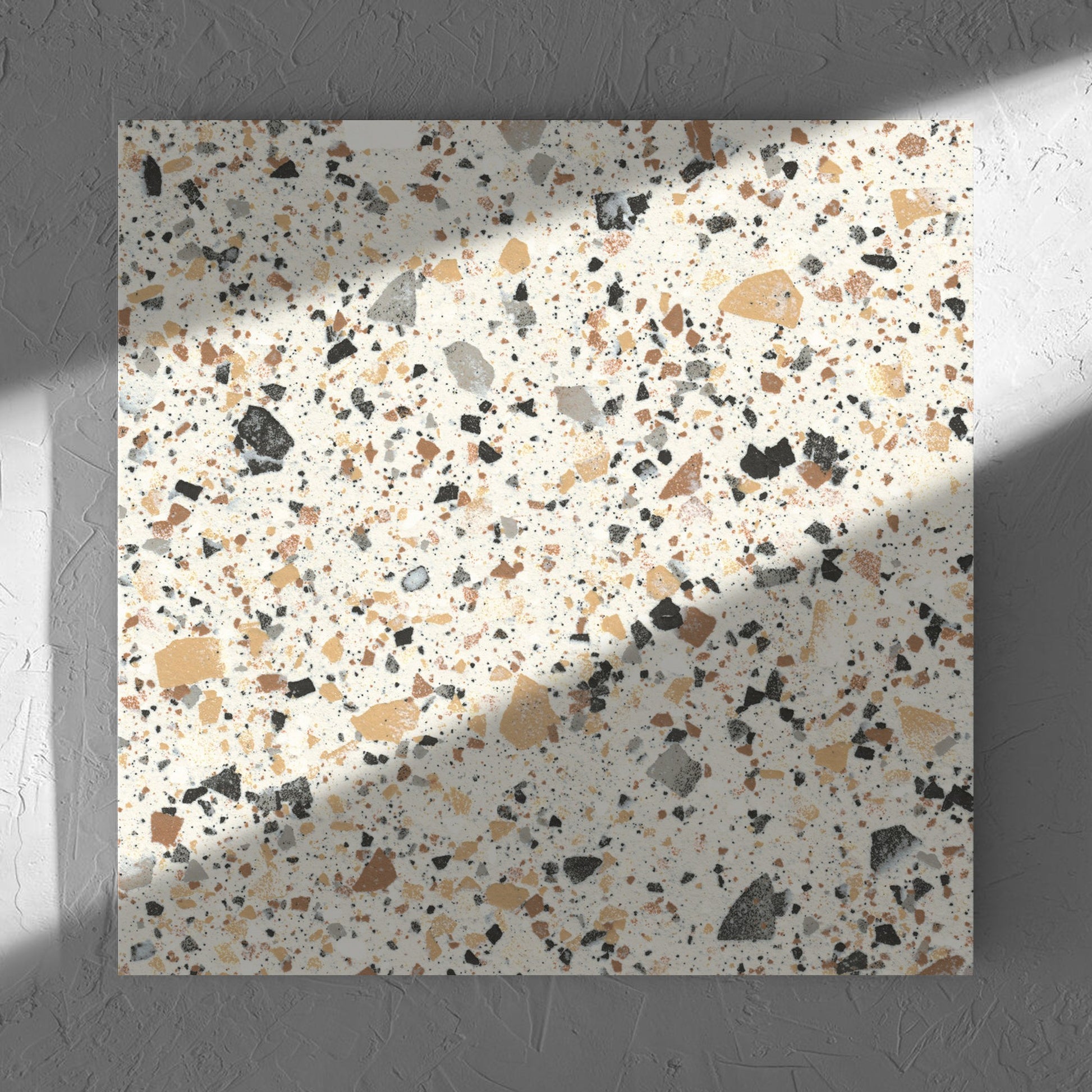Venice Ivory 600x600mm Matt Terrazzo Tile in soft natural window light, showing the ivory matt surface