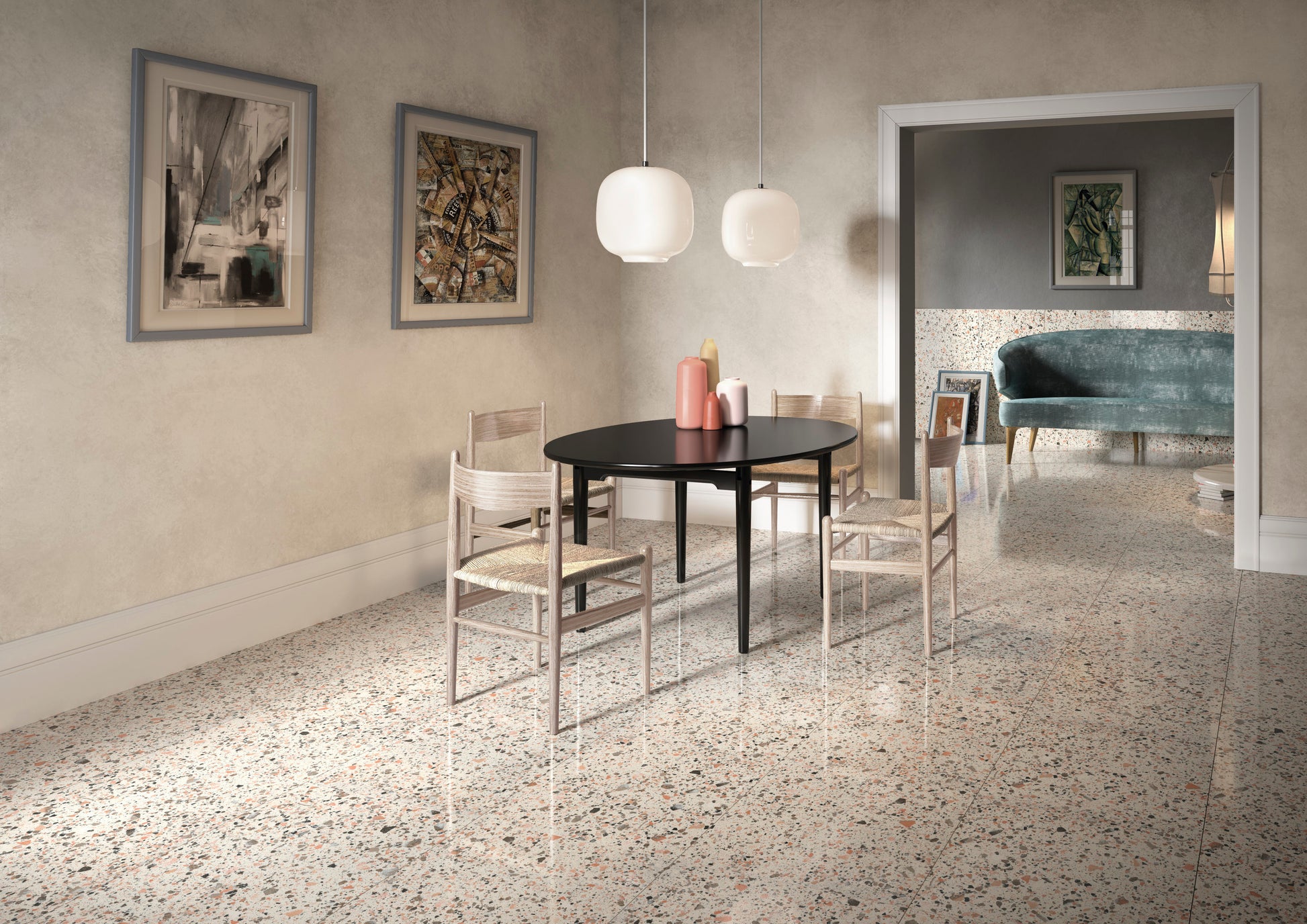 Venice Pink 600x600mm Matt Terrazzo Tile installed as a polished dining room floor beneath a black oval table, woven chairs, and globe pendant lights.
