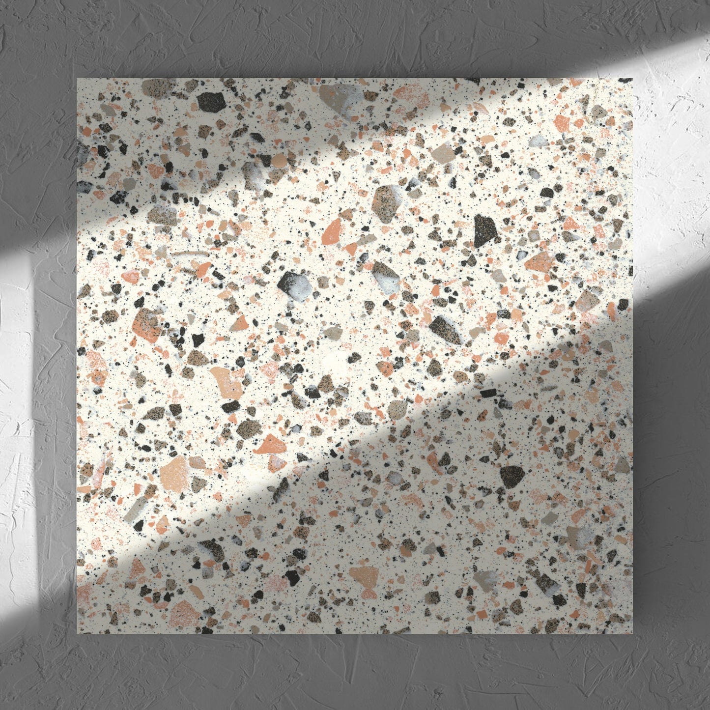 Venice Pink 600x600mm Matt Terrazzo Tile in soft natural window light, showing the pink matt surface