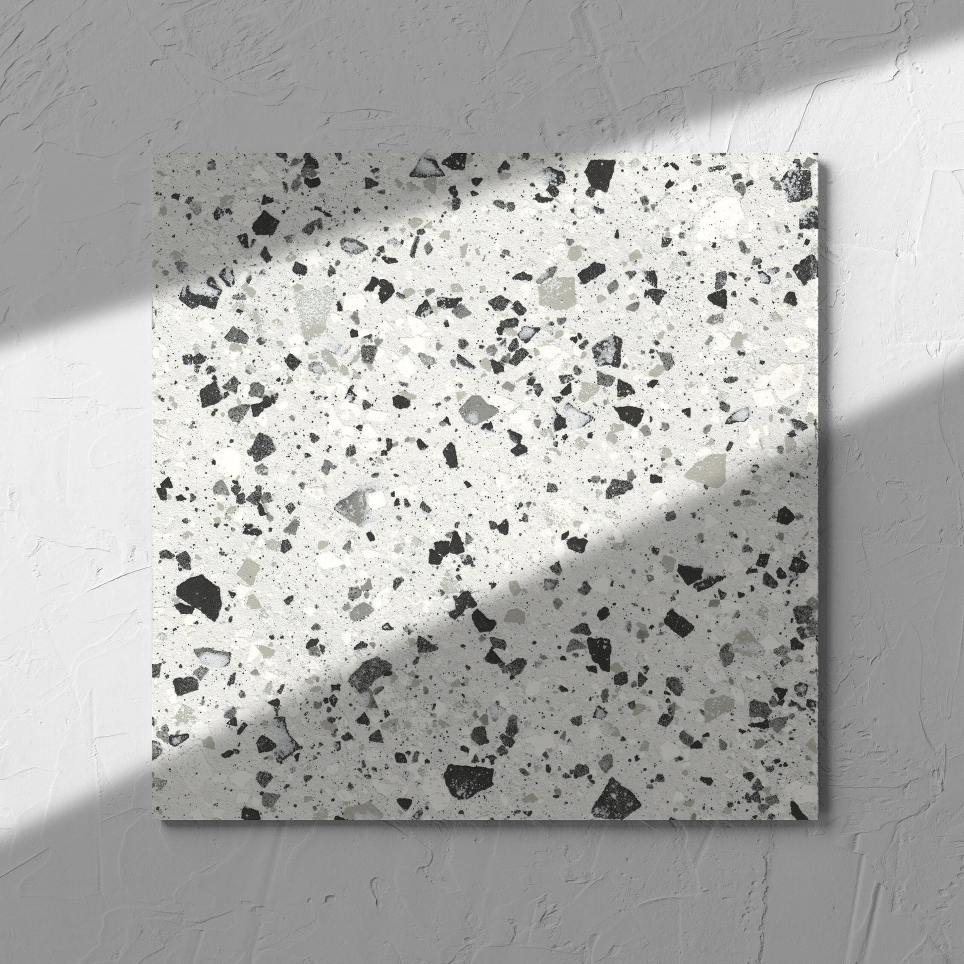 Venice Silver 300x300mm Matt Terrazzo Tile in soft natural window light, showing the silver matt surface