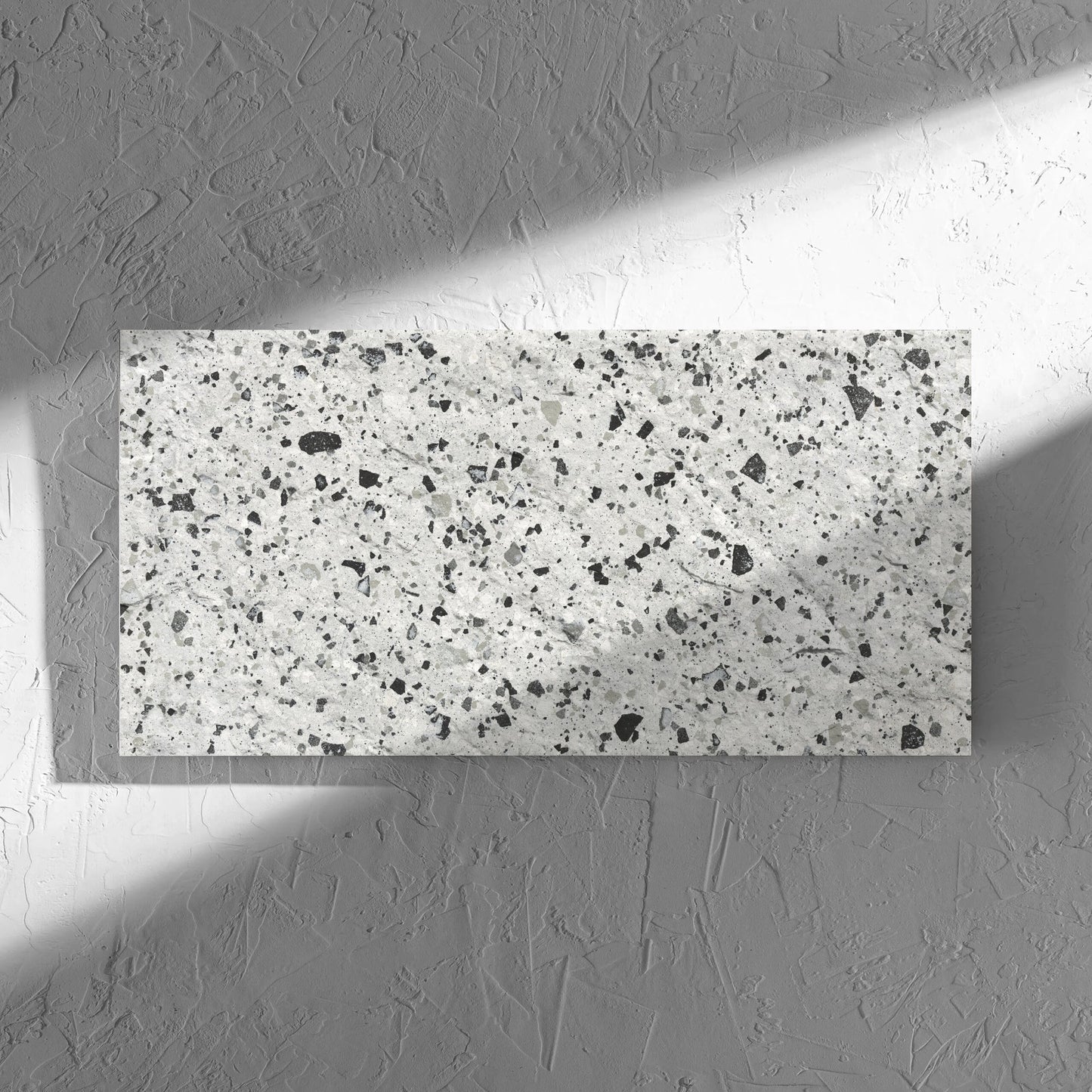 Venice Silver 300x600mm Matt Terrazzo External Tile in soft natural window light, showing the silver matt surface