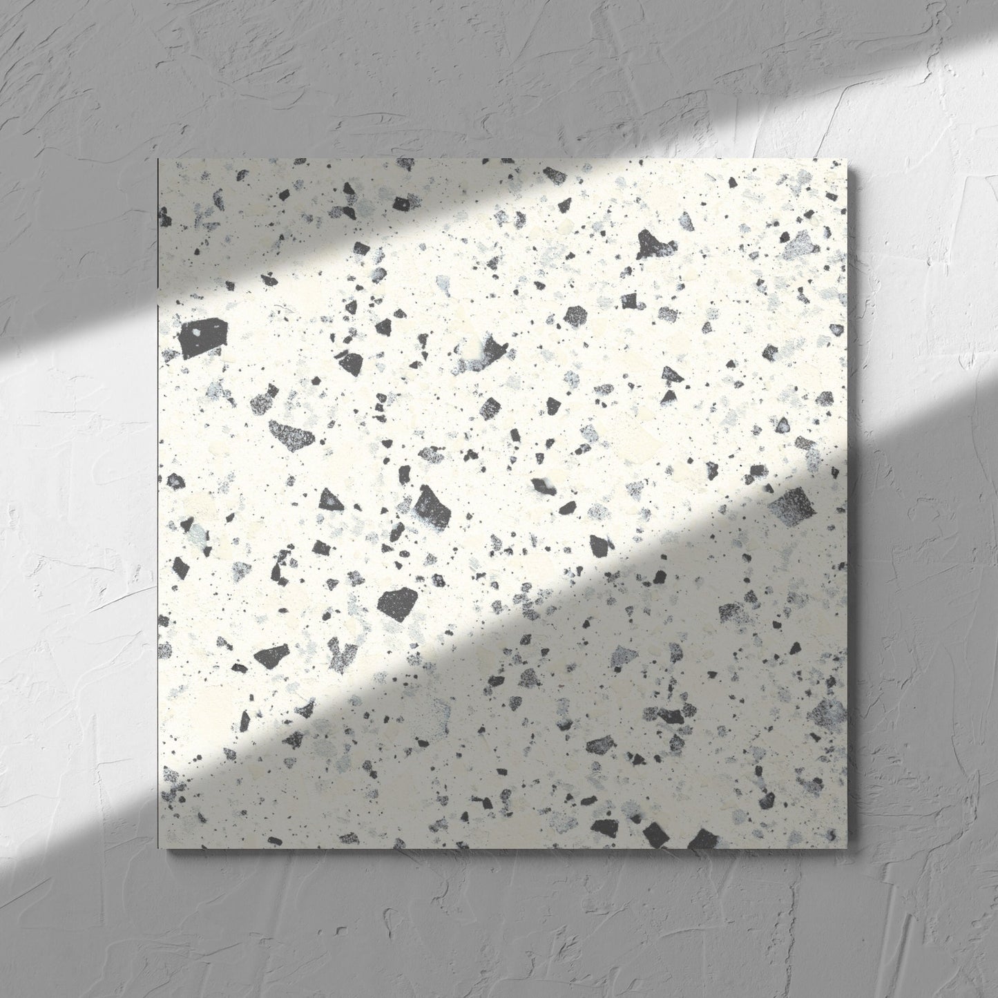 Venice White 300x300mm Matt Terrazzo Tile in soft natural window light, showing the white matt surface